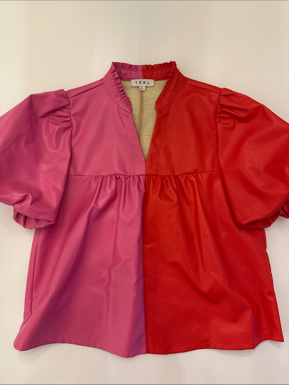 THML Two-Tone Pink and Red Puff Sleeve Blouse